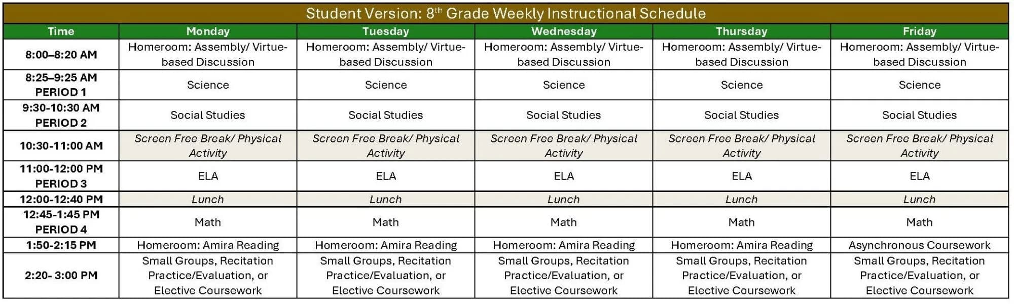 Student weekly instructional schedule for 8th grade, Monday to Friday from 8:00 AM to 3:00 PM